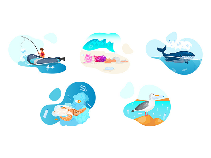 Plastic pollution in ocean flat concept icons set