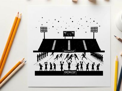 Silhouette of a lively sports stadium with players and spectators