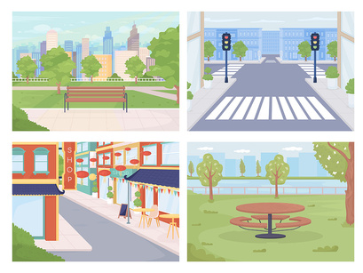 Urban areas flat color vector illustration set