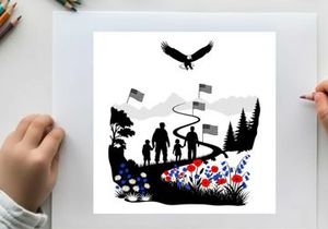 Family silhouette walking on a path with flags and eagle silhouette
