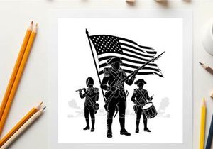 American soldier silhouette with flag and military band