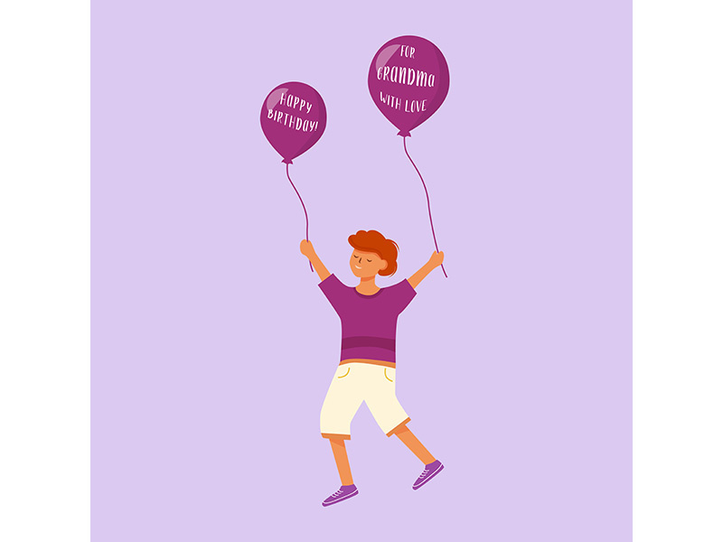 Happy boy with greeting balloons flat vector illustration