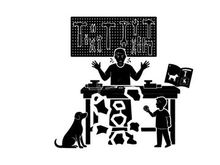 Silhouette of a man and boy with dog at a broken desk