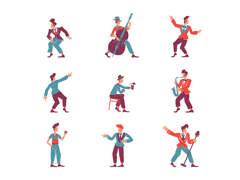 Retro style guys flat color vector faceless characters set