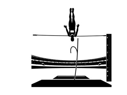 Silhouette of a person pole vaulting over a high bar silhouette