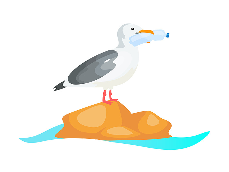 Seagull with plastic bottle in beak flat concept icon