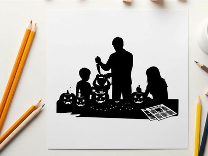 Halloween silhouette of family carving pumpkins together at night