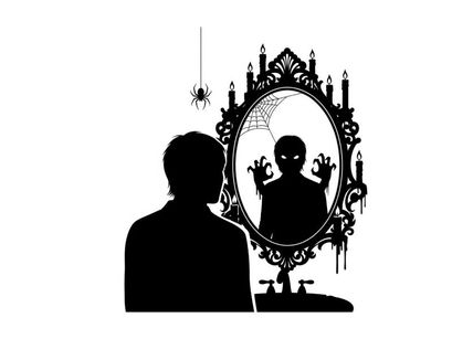 Silhouette of a man looking at a spooky mirror with silhouette reflection