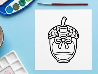 Acorn shaped potion bottle coloring page. Cute forest magic elixir for kids activity.