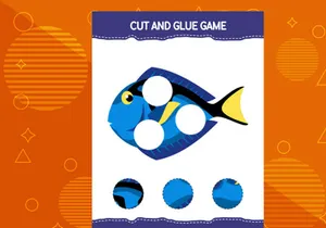 10 Pages Cut and glue game for kids with fish. Cutting practice for preschoolers. Education worksheet.