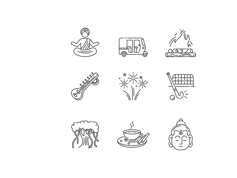 Indian customs pixel perfect linear icons set