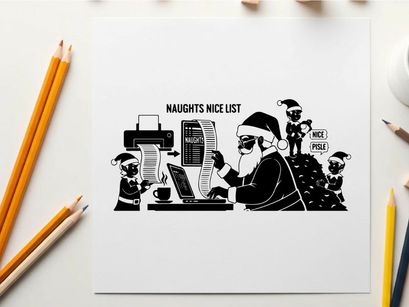 Santa claus checking naughty or nice list on computer silhouette