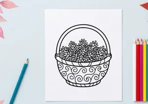 Line art illustration of a basket filled with pine cones