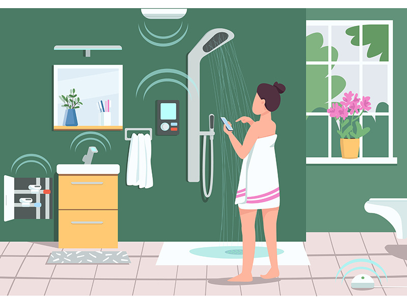 Smart bathroom appliances flat color vector illustration