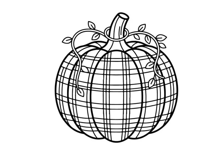 Plaid pumpkin line art illustration. Autumn harvest vegetable drawing with tartan pattern.