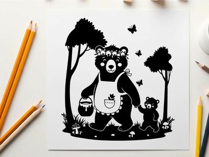 Silhouette of a mother bear and cub in forest