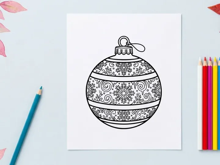 Black and white line art illustration of a Christmas bauble