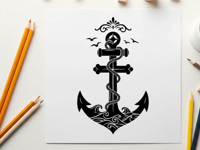 Nautical anchor silhouette with birds and ornate details