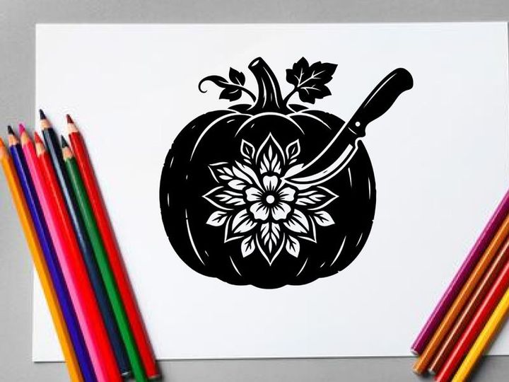 Desain labu dengan bunga dan sendok untuk dekorasi Halloween atau musim gugur