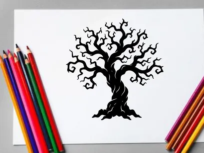 Silhouette of a leafless, twisted tree with gnarled branches