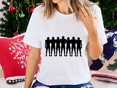 Silhouette of seven humanoid figures standing in a row with arms linked