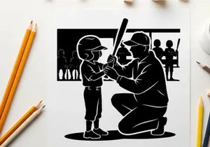 Silhouette of a coach teaching a young baseball player to bat