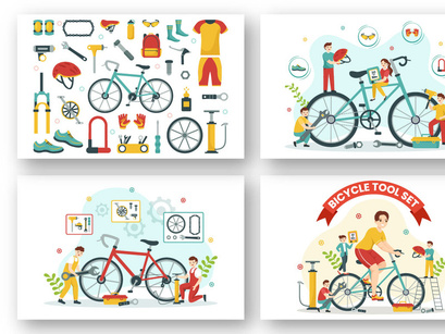12 Cycling and Bicycle Tool Set Illustration