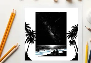Silhouette of a person on a beach at night with palm trees and milky way