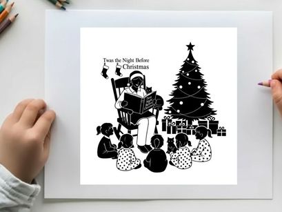 Silhouette of a man reading to children by a christmas tree silhouette