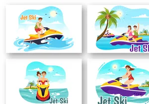 15 People Ride Jet Ski Illustration