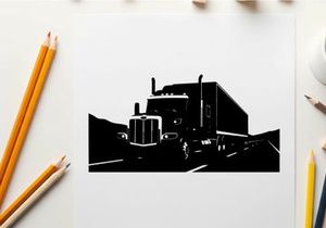 Semi truck silhouette driving on highway with mountains
