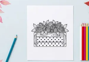 Christmas pine cones and holly leaves in a wooden crate line art illustration