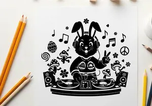 Groovy silhouette bunny dj spinning records with peace signs