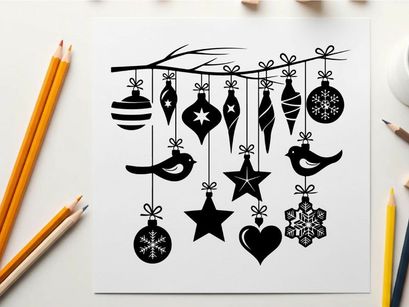 Christmas ornaments silhouette hanging from a tree branch