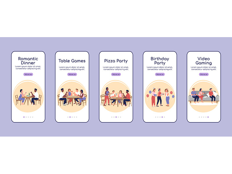 Party types onboarding mobile app screen flat vector template