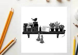 Silhouette of bird and plants on a shelf with jars and hanging flowers