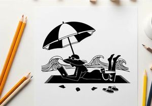 Silhouette of a woman relaxing on the beach with umbrella
