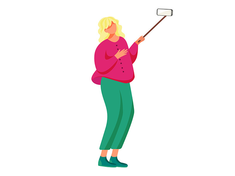 Woman takes phone selfie flat vector illustration