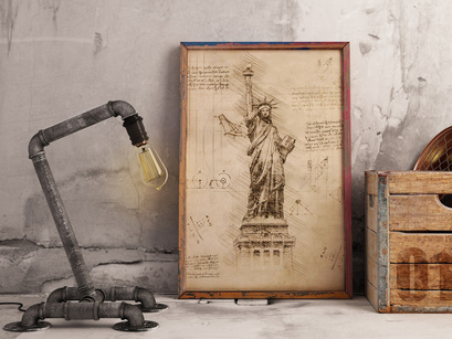 Statue of Liberty New York, USA in Vintage Steampunk Da Vinci Drawing Style