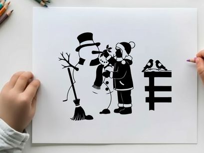 Silhouette of snowman and girl with broom and birds