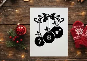 Christmas ornament decoration with holly and hanging baubles