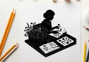 Silhouette of a woman studying botanical illustrations and flowers