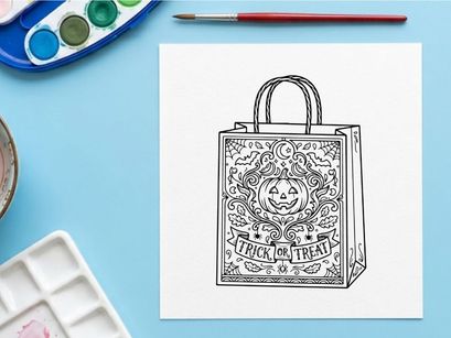 Sacola de compras de papel de Halloween com design assustador. Bolsa de doces estilo vintage com abóbora e letras góticas para decoração festiva...