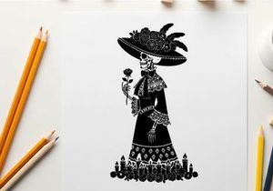 Elegant silhouette of a woman in a large hat and dress