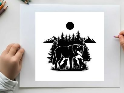 Silhouette of a bear and cubs in a forest under a full moon