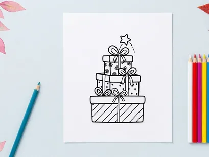 Stack of Christmas gift boxes with bows and a star, black and white line art illustration.