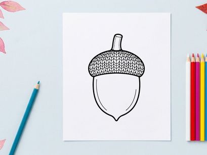 Close-up of an acorn with textured cap and smooth nut. Natural autumn theme for educational or nature projects.