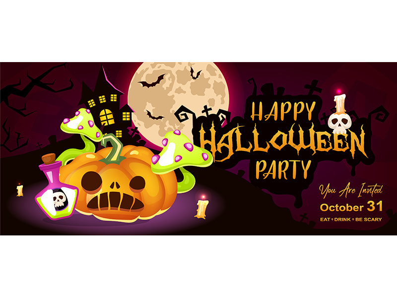 Happy halloween party flat banner vector template