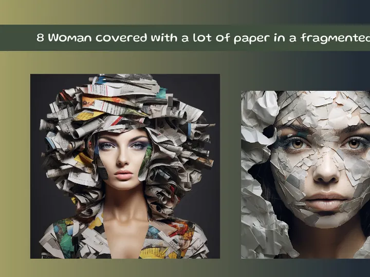 Woman covered with a lot of paper in a fragmented style