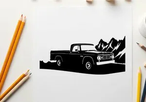 Silhouette of a vintage pickup truck in front of mountains